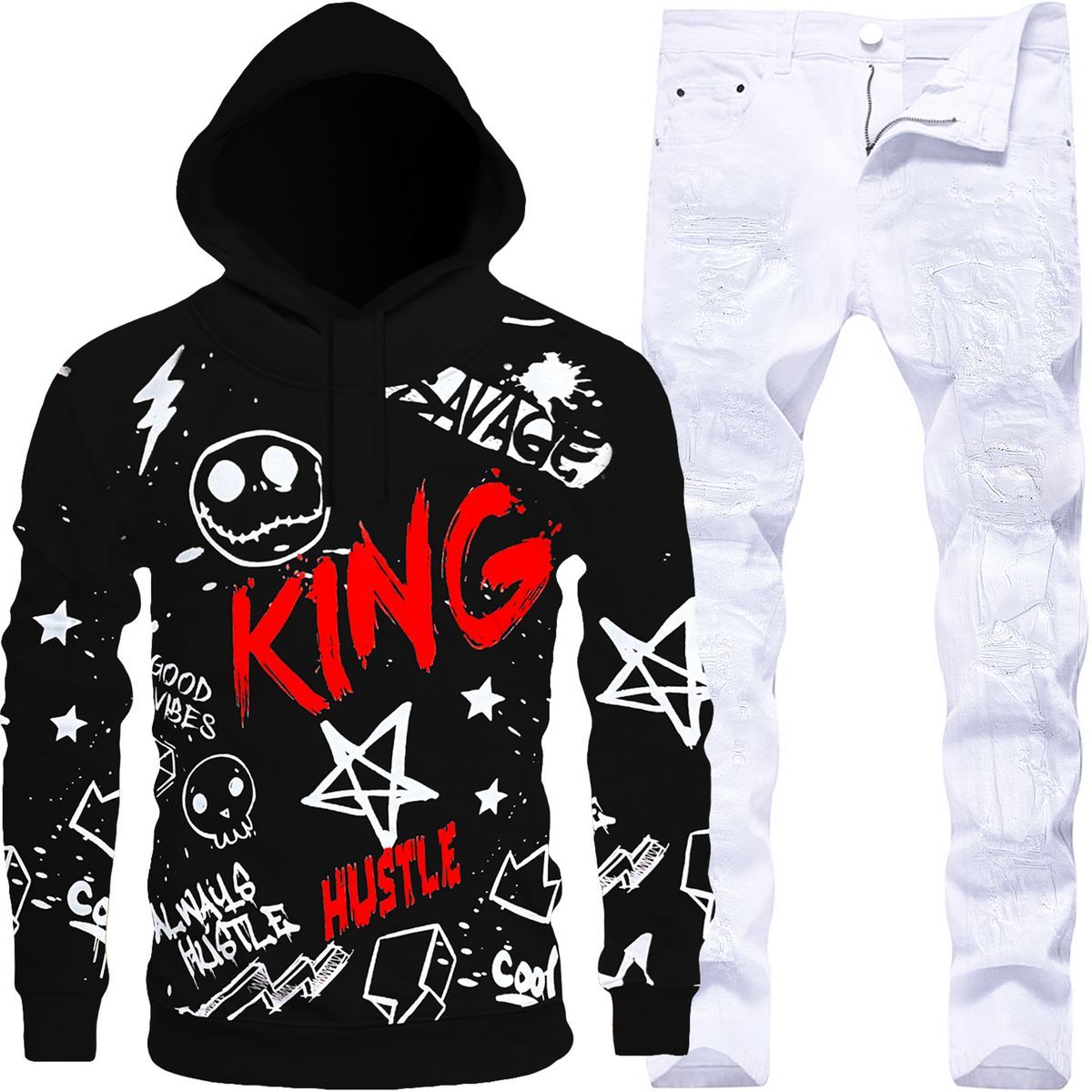 2pc Slim Ripped Jeans+King Graffiti Hoodie