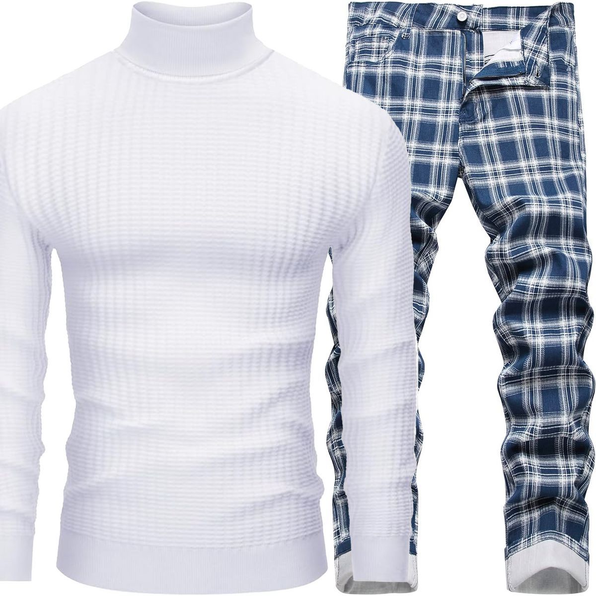 2pc Slim Plaid Chino Pants+Slim Roll Neck Sweater