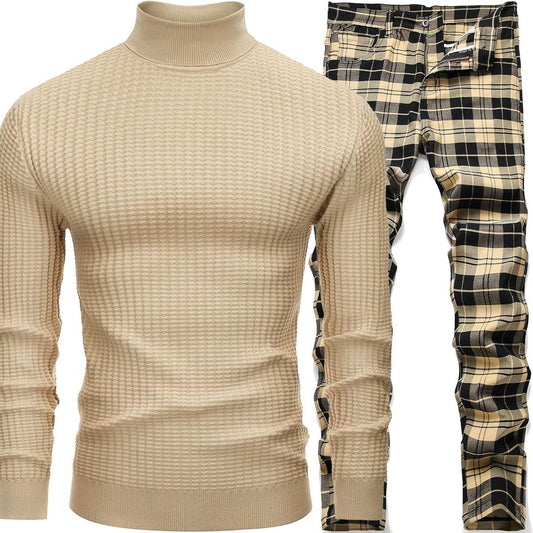 2pc Slim Plaid Chino Pants+Slim Roll Neck Sweater