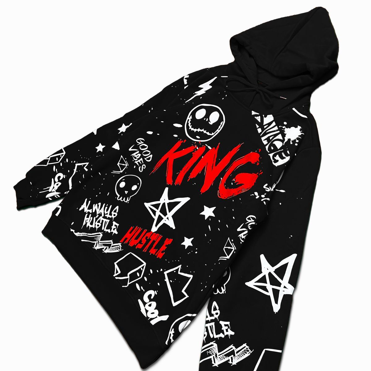 2pc Slim Ripped Jeans+King Graffiti Hoodie