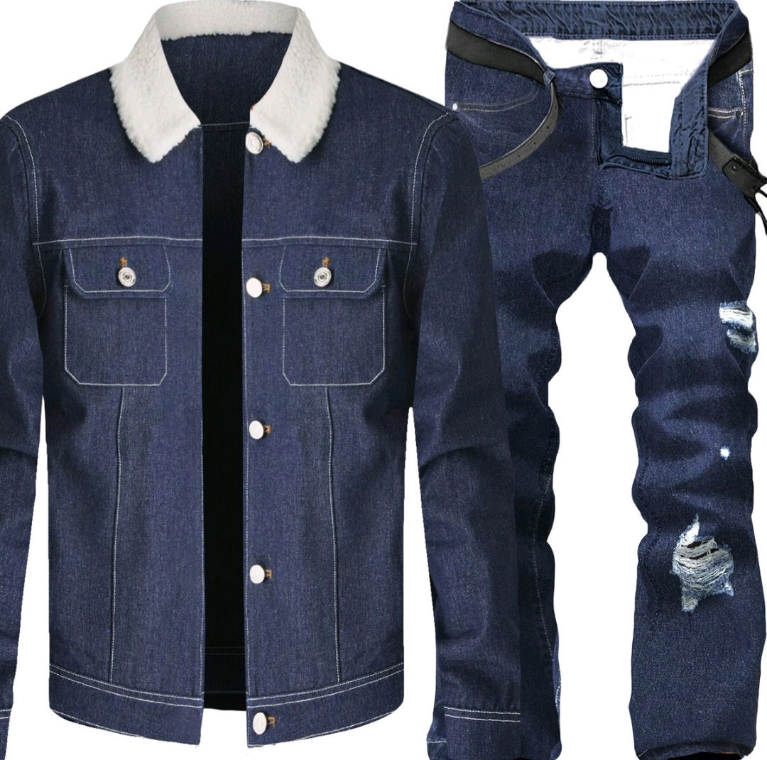 2pc baggie Ripped Jeans & Collar Denim Jacket