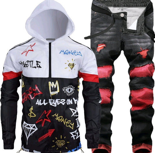 2pc Biker Jeans and Hooded Windbreaker