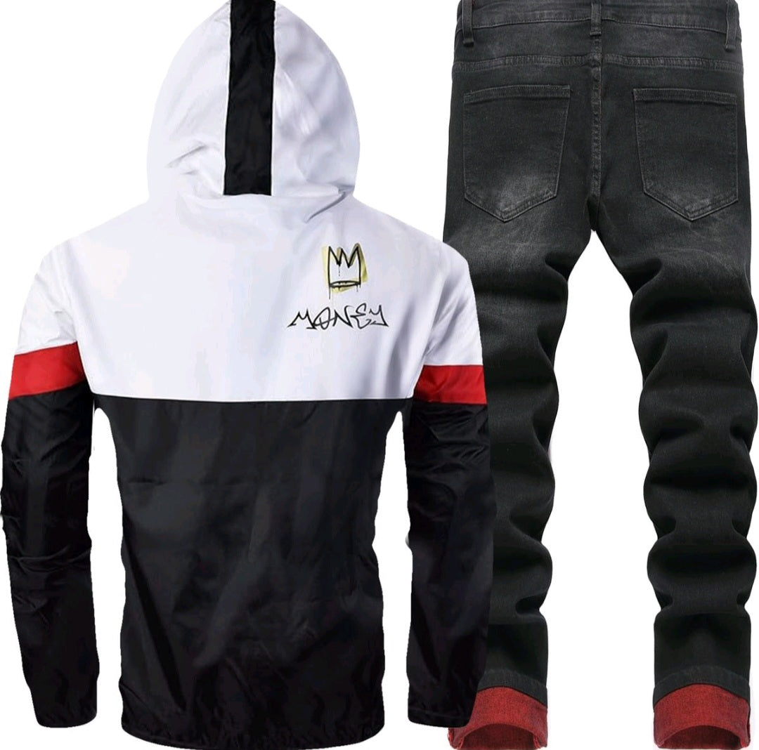 2pc Biker Jeans and Hooded Windbreaker