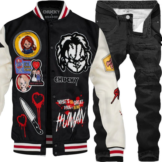 2pc Skinny Ripped Jeans+Reason Chucky Wool Embroidered Jacket