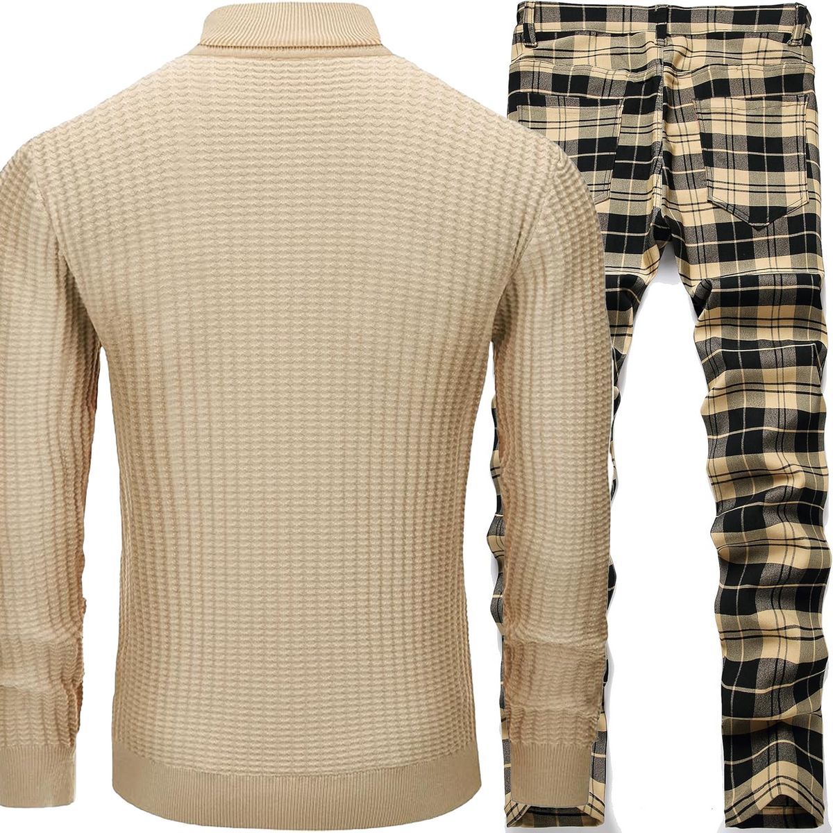 2pc Slim Plaid Chino Pants+Slim Roll Neck Sweater